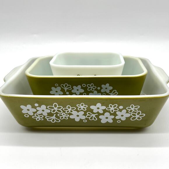 VINTAGE PYREX SPRING BLOSSOM BUNDLE GREEN 502 AND 503 WHITE 501 NO LIDS - Picture 1 of 13
